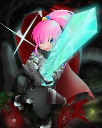absurdres armor bad_source blue_eyes bocchi_the_rock! cave gotoh_hitori highres holding holding_sword holding_weapon lingg2525 minecraft_sword pink_hair rock snake sword weapon