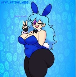 1girls ;) ;d ass ass_bigger_than_head big_ass big_breasts blue_background blue_hair blush breasts bunny_ears bunny_tail bunnysuit chubby chubby_female female female_focus female_only fnf_nation friday_night_funkin friday_night_funkin_mod heart-shaped_pupils heart_eyes long_hair peace_sign playboy_bunny playboy_bunny_costume playboy_bunny_leotard playboy_outfit purple_eyes skyblue skyblue_(friday_night_funkin) skyverse solo solo_female solo_focus thick thick_ass thick_thighs thighs twitter_username wink winking_at_viewer