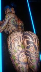 1girls 3d anus ass big_ass blue_hair cd_projekt_red cheri_nowlin cyberpunk_2077 female pussy seagull3d solo tattoo