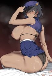 absurdres ass bikini black_bikini black_hair blue_hat blue_shirt blue_skirt breasts brown_eyes closed_mouth clothes_lift commission condom cum cum_on_ass cum_on_body dark-skinned_female dark_skin female from_behind from_side hair_between_eyes hat highres large_breasts looking_at_viewer looking_to_the_side nipples original pleated_skirt second-party_source shirt shirt_lift short_hair sitting skirt sleeveless sleeveless_shirt solo sweat swimsuit urec used_condom