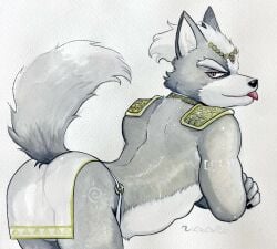 anthro ass balls barely_visible_balls barely_visible_genitalia bent_over blep bottomwear canid canine canis clothed clothing fur furry genitals grey_body grey_fur hi_res loincloth male mammal nintendo skimpy smile solo star_fox tongue tongue_out ulala_ko wolf wolf_o'donnell