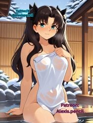 1girls ai_generated alexispencil fate/stay_night fate_(series) female nail_polish onsen painted_nails snow tagme tohsaka_rin towel