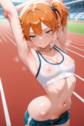 ai_generated arbitrary breasts green_eyes kasumi_(pokemon) nipples_visible_through_clothing orange_hair pokemon pussy pussy_peek small_breasts sportswear stretching toned_stomach