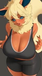 1girls 2025 absurd_res anthro big_breasts black_background blonde_hair cleavage clothing eeveelution empty_eyes female female_only flareon fur generation_1_pokemon green_eyes huge_breasts light_blush looking_at_viewer mochilov neck_fur nintendo oerba_yun_fang open_mouth orange_body pokemon pokemon_(species) sharp_fingernails smiling smiling_at_viewer solo sportswear