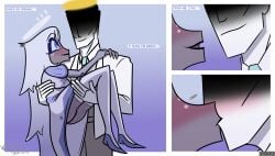 1boy 1girls angel anon ass ass_focus blush blushing_female bridal_carry clothed clothing cradling dress emily_(hazbin_hotel) female freckles grey_body halo hazbin_hotel holding kissing lips male slippers smile suit thighhighs upskirt white_hair wretch_sketch y/n you