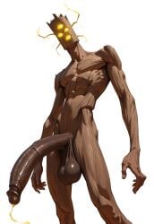 ai_generated balls bara big_balls big_penis brown_skin gay minecraft monster_boy monster_cock penis precum the_creaking_(minecraft) wooden_body yaoi yellow_eyes