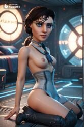 1girls ai_generated artist_name bed bioshock bioshock_infinite blue_eyes boots breasts brown_hair choker corset elizabeth_comstock female freckles hi_res indoors lips long_hair looking_at_viewer low_ponytail medium_breasts nipples nose r34arts sitting small_breasts solo