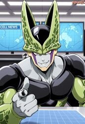 ai_generated bio-android_(dragon_ball) black_nails cell_(dragon_ball) dragon_ball dragon_ball_z grey_skin happy map nails news news_report news_reporter perfect_cell pink_eyes pointing_at_viewer smile spur//.