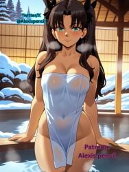 1girls ai_generated alexispencil fate/stay_night fate_(series) female nail_polish onsen painted_nails snow tagme tohsaka_rin towel