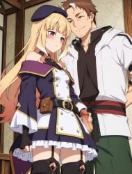 1boy 1girls ai_generated beryl_gardernant blush brown_hair clothed_female_clothed_male female golden_hair hairo handjob katainaka_no_ossan_kensei_ni_naru lucy_diamond male male/female older_male_and_younger_female