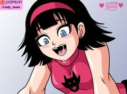 ahe_gao ahegao_face black_hair blue_eyes blush blush blush_lines breast breasts cindy_toons dragon_ball dragon_ball_super heart-shaped_pupils heart_eyes meme meme_reference pov red_clothing red_dress saliva saliva_trail tongue videl_(dragon_ball_super) videl_(short_hair)