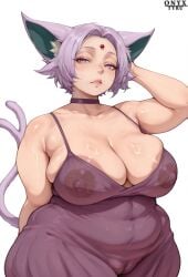 1girls ai_generated areola_slip bbw bored_expression cameltoe choker chubby eeveelution espeon female huge_breasts looking_at_viewer mature mature_female milf nintendo personification plump pokemon purple_eyes purple_hair solo tail voluptuous wide_hips