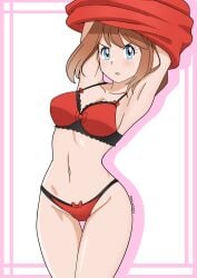 alexkonakona armpits arms_up bare_arms bare_belly bare_legs bare_thighs belly_button blue_eyes blush bow_panties bra breasts brown_hair cleavage collarbone female groin may_(pokemon) medium_breasts medium_hair panties parted_lips pokemon red_bra red_panties removing_shirt sweatdrop thighs underwear undressing