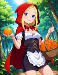 2025 ai_generated apple_(fruit) blonde_eyebrows blonde_female blonde_girl blonde_hair_female blue_eyes cartoon_network cosplay cosplayer dc deviantart elryusam fairy_tales forest holding_apple holding_basket holding_fruit little_red_riding_hood little_red_riding_hood_(copyright) little_red_riding_hood_(cosplay) looking_at_viewer meta mouth_closed not_porn orange_(fruit) pink_cheeks red_cape smile_at_viewer smiling_at_viewer teen_titans terra