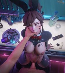1boy 1girls 3d asian_female blender breasts d.va female finger_in_mouth hasfeldt overwatch reverse_bunnysuit sex standing_missionary standing_sex tagme tattoo vaginal_penetration