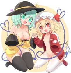 2girls black_hat black_thighhighs blonde_hair breasts crystal_wings female flandre_scarlet grabbing_another's_hand green_eyes green_hair harunoha hat highres jacket jersey koishi_komeiji komeiji_koishi large_breasts long_sleeves medium_hair multiple_girls navel nipples open_mouth pussy red_eyes shirt sitting sleeves_past_wrists small_breasts smile tail thighhighs touhou track_jacket track_suit wariza white_hat white_thighhighs wings yellow_shirt