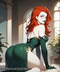 absurd_res ai_generated ass ass_focus colored_skin dc dc_comics dcau female hi_res highres lipstick long_hair makeup ozziru pale-skinned_female pale_skin patreon poison_ivy red_hair self_upload uncensored villain villainess white_body white_skin