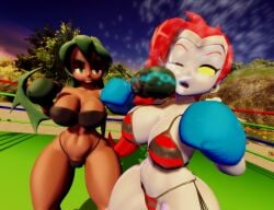 2girls 3d big_breasts boxing boxing_gloves boxing_ring breasts cleavage crossover dark-skinned_female dark_skin female_focus female_only fight fighting fighting_ring fukua_(skullgirls) green_hair huge_breasts josugomezofficialnew large_breasts long_hair nega-shantae punch punching punching_face red_hair ryona shantae skullgirls thick thick_thighs thighs vs wide_hips