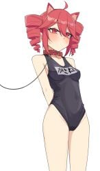 1girls 2d 2d_(artwork) ahoge alternate_version_available artist_request blush blush breasts cameltoe cat_ears collar competition_swimsuit female female_only kasane_teto leash leash_and_collar navel navel_visible_through_clothes perky_breasts red_eyes red_hair school_swimsuit sidelocks small_breasts solo solo_female submissive submissive_female swimsuit thick_thighs thighs twin_drills utau white_background