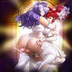 2girls ass blush bouquet breasts bridal_veil camilla_(fire_emblem) censored character_request check_character church closed_eyes commission corset cum cum_on_ass cum_on_body deep_skin dress ejaculation female fingernails fire_emblem fire_emblem_fates from_behind futa_with_female futanari gloves grabbing_another's_ass groping hair_over_one_eye high_heels hinoka_(fire_emblem) hug huge_ass intersex keigi keigi_(artist) large_breasts long_fingernails long_hair looking_down mosaic_censoring multiple_girls nail_polish open_mouth panties purple_hair red_eyes red_hair shoes short_hair small_breasts standing standing_on_one_leg stiletto_heels thighhighs tiara underwear veil wedding_dress white_corset white_dress white_gloves white_panties white_shoes white_thighhighs