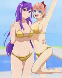 2girls 5_fingers artlabafterdark bikini bikini_bottom bikini_top blue_eyes bow breasts cleavage doki_doki_literature_club female golden_bikini hairbow long_hair purple_eyes purple_hair red_bow red_hair_bow red_hairbow sayori_(doki_doki_literature_club) short_hair strawberry_blonde_hair yuri_(doki_doki_literature_club)