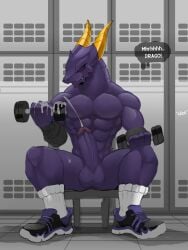 2022 3:4 abs anthro bakugan balls big_penis blush bodily_fluids bottomwear closed_eyes clothed clothing cum cum_on_hand cum_on_object digital_media_(artwork) dragon dumbbell ejaculation english_text erection exercise footwear genital_fluids genitals hi_res holding_dumbbell holding_object horn humanoid_genitalia humanoid_penis male mostly_nude muscular muscular_anthro muscular_male mythological_creature mythological_scalie mythology onomatopoeia pantsless pecs penis percival_(bakugan) profanity purple_body purple_penis scalie sellon shoes shorts sitting sneakers socks solo sound_effects spread_legs spreading text thought_bubble topless topless_anthro topless_male weightlifting weights workout yellow_horn