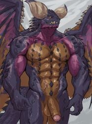 2025 abs anthro balls biceps capcom digital_drawing_(artwork) digital_media_(artwork) genitals hi_res horn humanoid_genitalia humanoid_penis majinjin23 male monster_hunter muscular muscular_anthro muscular_male nergigante nipples penis scales scalie scar simple_background smile solo spines standing tail teeth vein veiny_penis wings