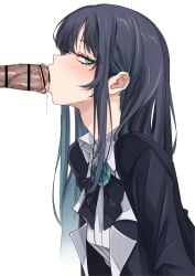 1boy absurdres ado_(utaite) bar_censor black_bow black_hair blue_eyes blue_hair blush bow censored chando_(ado) collared_shirt colored_inner_hair commentary_request ekibyoudayo fellatio female highres long_hair looking_at_viewer male multicolored_hair oral paid_reward_available penis saliva shirt sidelocks simple_background solo straight utaite variant_set white_background white_shirt