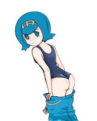 alexpir ass blue_eyes blue_hair cute from_behind girl lana_(pokemon) looking_at_viewer looking_back pokemon short_hair swimsuit taking_clothes_off taking_off_pants white_body
