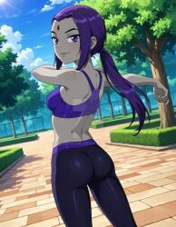 2025 ai_generated ass ass booty cartoon_network dc dc_super_hero_girls dcau deviantart elryusam exercise exercise_clothing forehead_jewel grey_body grey_lipstick grey_skin gym_uniform jewel_on_forehead looking_at_viewer looking_back_at_viewer meta not_porn park purple_eyes purple_ponytail raven_(teen_titans) smile_at_viewer smiling_at_viewer teen_titans