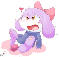 <3_eyes 2017 3_toes ahe_gao amber_eyes blush bottomless bow cave_story chaco chibi clothed clothing clyndemoon cute dildo female fucked_silly fur heart knotted_dildo lagomorph looking_pleasured mammal mimiga open_mouth pawpads paws purple_fur pussy sex_toy simple_background solo spread_legs spreading sweat toes toony video_games white_background white_fur