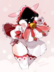 1girls 2025 3_fingers anthro apron big_breasts breasts caprine closed_eyes closed_eyes clothed clothed_anthro clothed_female clothing cowbell digital_media_(artwork) female female_only fingers floppy_ears frilled_apron frilled_sleeves frills front_view fur furry hi_res hood kame_3 long_ears mammal obscured_face open_mouth simple_background solo standing thick_thighs thighhighs white_fur
