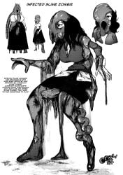 abby_(oozed) after_transformation bad_end black_and_white clothed corrupted corruption dripping futanari heels infected intersex lica_(oozed) lore oozed oozing penis_under_skirt slime text uniform zombie zombification