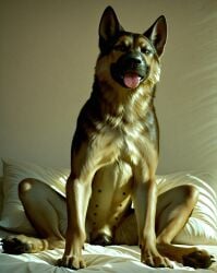 1girls ai_generated anatomically_correct_pussy animal_pussy canine canine_pussy domestic_dog female feral german_shepherd indoors looking_at_viewer on_bed sitting solo