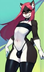 abstract_background anthro arched_back balls_outline black_eyeshadow black_lips blue_background bulge clothed clothing collar crossdressing detailed_bulge domestic_cat eyeshadow felid feline felis femboy fur genital_outline green_background grey_body grey_fur grin hair hi_res latex latex_clothing latex_legwear latex_thigh_highs latex_thong latex_underwear legwear lips long_hair makeup male mammal penis_outline pink_hair simple_background skimpy smile solo standing thick_bottom_lip thick_thighs thigh_highs thong topwear tube_top underwear vickyx white_body white_fur yellow_eyes