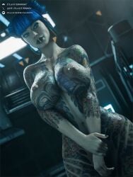 1girls 3d big_breasts black_lipstick blue_hair breasts cd_projekt_red cheri_nowlin cyberpunk_2077 female huge_breasts lipstick nipples plague_of_humanity_(artist) solo tattoo