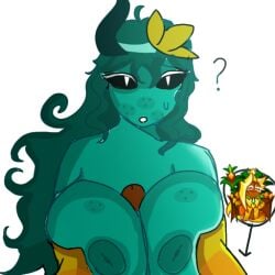 1boy ? ananas_dragon_cookie black_sclera body_freckles breasts breasts_squeezed_together colored_sclera colored_skin cookie_run female freckles horns huge_breasts icy_(gunkansmile) large_breasts long_hair male nipples nude nude_female ocxcanon paizuri penis personification reference_inset simple_background solo_focus straight sweat teal_hair titjob uncensored white_background