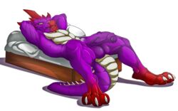 2017 3_toes abs anthro balls bed biceps big_balls big_muscles big_penis claws dragon half-erect heratio1000 horn humanoid_penis looking_at_viewer lying macro male male_only malefor muscular muscular_male nude on_back on_bed penis purple_scales quads red_scales scales scalie simple_background solo spikes spyro_the_dragon tenaflux toe_claws toes toshaviktory triceps uncut video_games