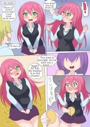 ! 5koma bladder_bulge blonde_hair blush breasts english_text forced_drinking green_eyes hand_between_legs have_to_pee izu95 large_breasts long_hair long_sleeves one_eye_closed open_mouth original pink_hair punch punching purple_eyes school_uniform skirt sweat tongue