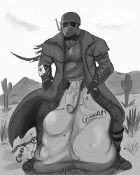 balls buff cock_vore desert digestion digestion_noises fallout fallout_new_vegas gas_mask greyscale groaning_balls helmet_over_eyes hidden_face human humanoid_penis jaymesvore male masculine_male ncr_ranger_(fallout) ncr_soldier penis simple_background simple_shading vore
