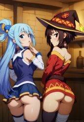2girls :o ahoge ai_generated aqua_(konosuba) ass ass ass_focus blush from_behind indoors kono_subarashii_sekai_ni_shukufuku_wo! konosuba legwear looking_at_viewer looking_back megumin megumin_(konosuba) no_panties side-by-side side_by_side standing suggestive tavern thighhighs watermark zzz7