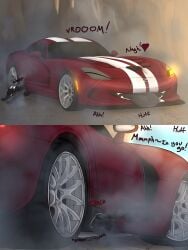 3:4 absurd_res almost_fully_inside animate_inanimate blush breath car cave claws collar comic crush dialogue digital_media_(artwork) dire_machine dire_vehicle dodge_(brand) dodge_viper dragging dragon duo english_text exhaust exhaust_pipe exhaust_smoke exhaust_vore feral forced fyrre_(fyrrex) glowing glowing_eyes hi_res horn huge_filesize implied_injury larger_pred living_car living_machine living_vehicle machine male male/male mechaphilia_(artist) mythological_creature mythological_scalie mythology one_eye_closed open_mouth panting partially_inside sacharel scalie scratches scratching size_difference smoke sound_effects teeth text tire tongue tongue_out unwilling_prey vehicle vore wheel