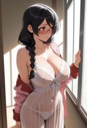 ai_generated bare_shoulders belly_button_visible_through_clothing blush braid braided_ponytail breasts brown_hair cleavage closed_mouth collarbone embarrassed glasses goofy_ai hanekawa_tsubasa huge_breasts indoors lingerie long_hair monogatari_(series) nightgown off_shoulder open_clothes panties red_eyes see-through_clothing shiny_skin standing thick_thighs thighs underwear white_panties