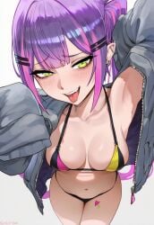 1girls bikini blush breasts cute_fang ear_piercing fang female green_eyes grin holoforce hololive hololive_japan jacket kguy1920 looking_at_viewer navel open_mouth purple_hair sleeves_past_fingers sleeves_past_wrists swimsuit tokoyami_towa tongue tongue_out virtual_youtuber vtuber white_background