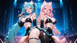 2futas ai_art ai_generated animal_ears bikini_top blue_hair cat_ears cat_girl cat_tail catgirl dickgirl futanari futanari hatsune_miku_(cosplay) koneko konekofuta large_breasts large_penis pink_hair skirt two_tone_hair two_tone_hair_(blueandpink)