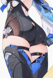 adjusting_clothes adjusting_leotard ai-generated ai_generated artist_request ass ass_focus breasts cape eula_(genshin_impact) female from_behind genshin_impact gloves head_out_of_frame highres leotard medium_breasts necktie short_shorts shorts sideboob skindentation solo thick_thighs thighhighs thighs
