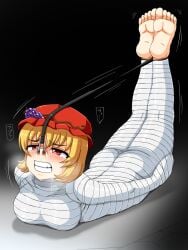 1girls akatuki_(yamina) barefoot blush bondage bound commission damsel_in_distress female minoriko_aki mummy nose_hook pixiv_commission touhou