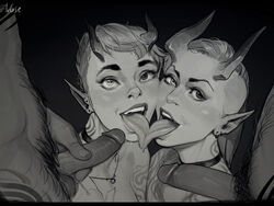 2boys 2girls demon erection female greyscale heterochromia horizontal_pupils horns imminent_fellatio imminent_oral incase male monochrome multiple_penises open_mouth penis pointy_ears short_hair short_hair_female straight tongue tongue_out tongue_to_tongue