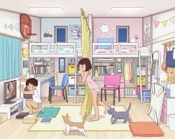 1boy blue_male_underwear breasts brother_and_sister brown_hair camisole carpet caught chabudai_(table) chair completely_nude curtains desk feline female female_pubic_hair fixed-point_camera indoors kiyo_(kyokyo1220) korilakkuma loaded_interior loft_bed male_underwear mirror nipples nude on_floor ootani_shouhei original panties pink_camisole pornography poster_(object) pubic_hair reflection rilakkuma san-x shirt short_hair siblings sitting small_breasts smile stuffed_animal stuffed_toy table teddy_bear television time_lapse tissue_box towel underwear watching_television white_panties white_shirt window