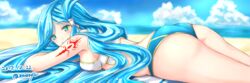 alone ass back bare_shoulders beach bikini blanket blue_hair blush breast_press breasts clouds dana_(ys) female female green_eyes hair_tubes hips large_ass laying long_hair looking_at_viewer lying mussyu on_stomach sand sea shiny shiny_hair shiny_skin sideboob sky smile solo swimsuit tattoo thick_thighs thighs very_long_hair wide_hips ys ys_viii_lacrimosa_of_dana